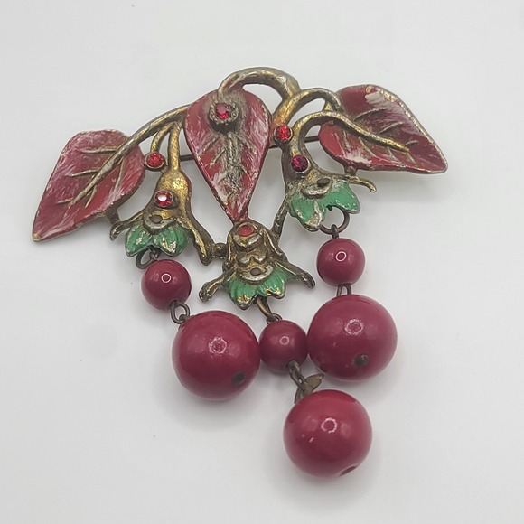 Vintage Pot Metal‎ Brooch Berries Enamel Glass Heavy NICE